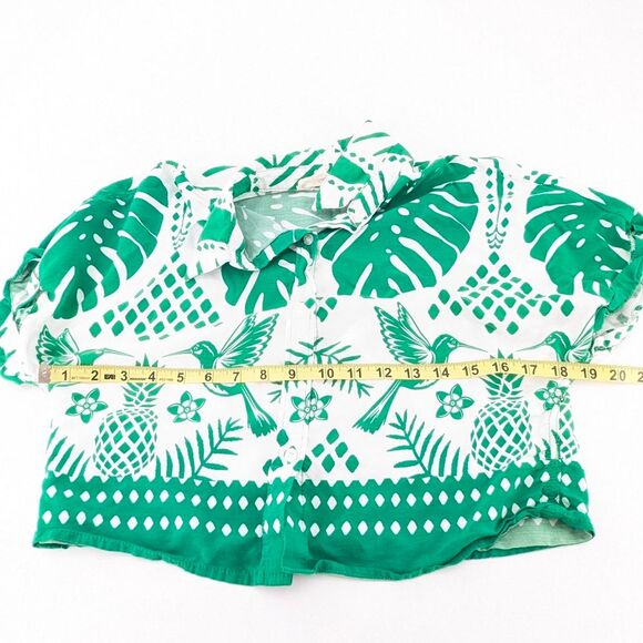 Sunburst Kiss White Green Tropical Button Up Short Sleeve Cropped T-Shirt Size M - Picture 3 of 6